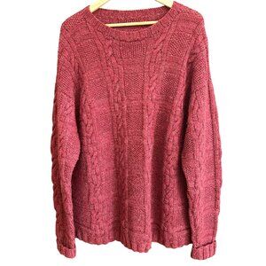Patterned Handknit Red Unisex Long Sleeve Cable Knit Sweater Artisan Round Neck